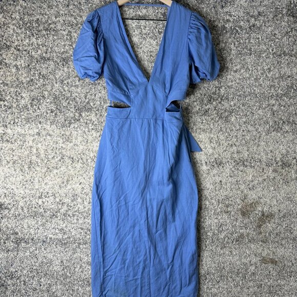 Reiss Dresses & Skirts - Reiss Dress Womens 6 Blue Jennah Cutout Puff Sleeve Midi Tie Back Linen